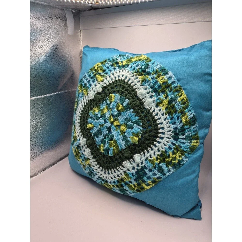 Crochet Granny Square Floral Boho Mandala Pillow Teal Green Yellow 16